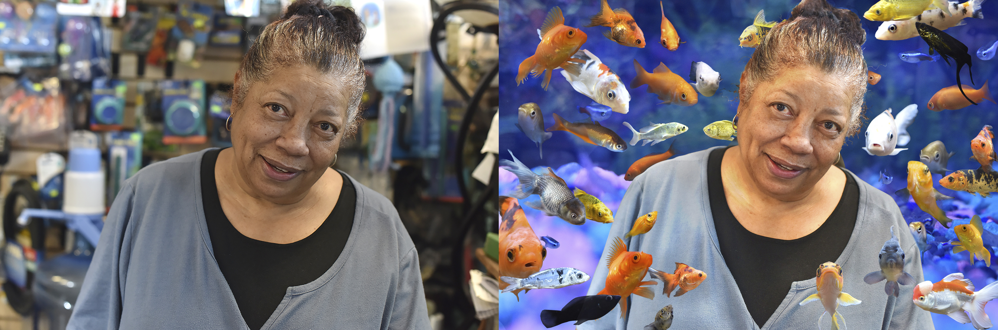 Photo manipulation of Marla Yasutake with fish